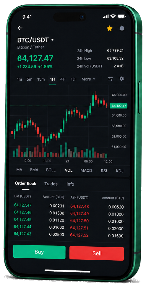 Application mobile Quell Rendoire — graphique BTC/USDT en direct, carnet d’ordres et outils de trading